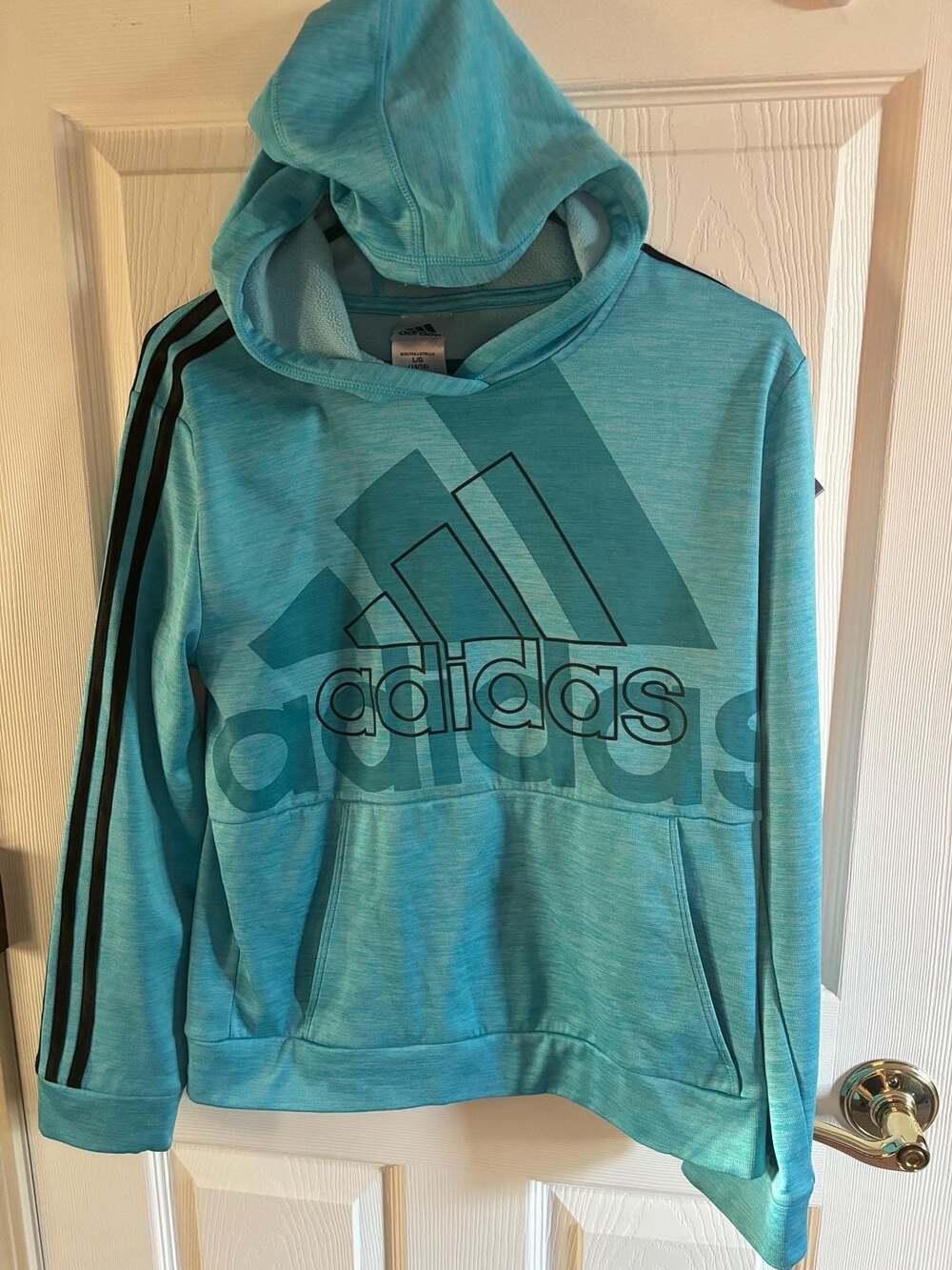 Adidas Hoodie Size L (14/16) Blue Aqua Logo Pullover Sweatshirt